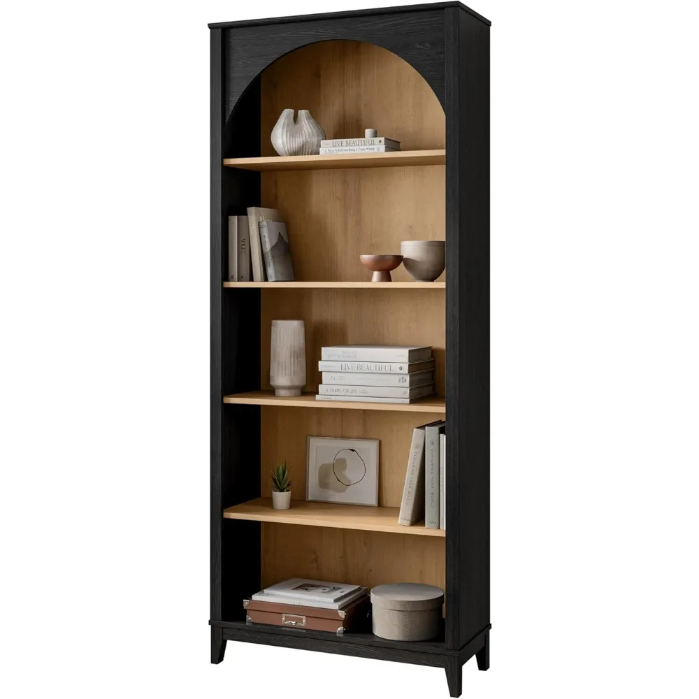 

contemporary 78-inch high 5-level curved bookshelf in black oak with oak-finished interior and adjustable shelves