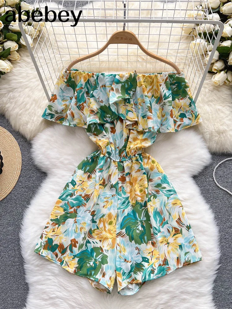 

Beach Slash Neck Floral Jumpsuits Shorts Casual Summer Women Overalls Ruffles Playsuits 2022 Sexy Ruffles Playsuit Off Shoulder