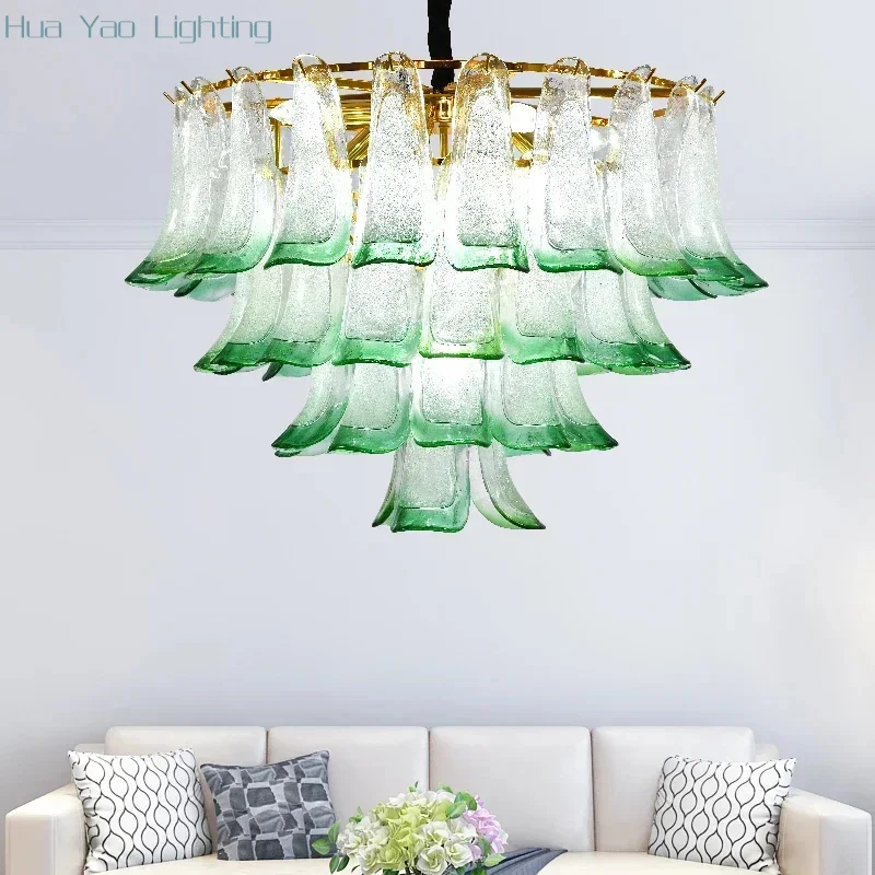 Living Room Luxury Green Glass Lustre E14 Led Pendant Lights Plate Metal Round Luminaria Chain Pendant Hanging Lamp Fixtures
