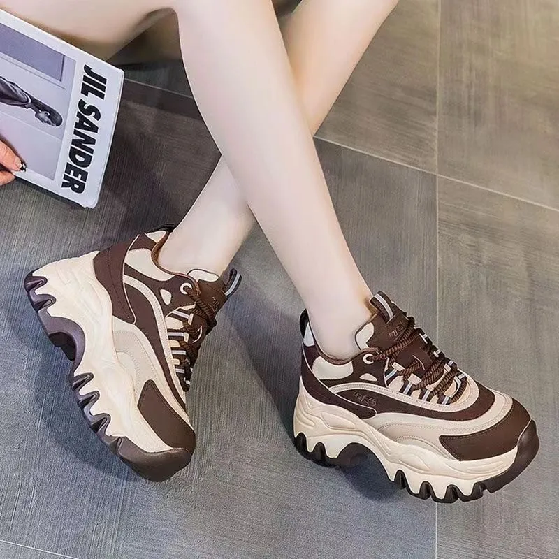 Women Casual Shoes 8CM Fashion Height Increasing Thick Bottom Spring Platform Leather Woman Chunky Sneakers zapatos de mujer