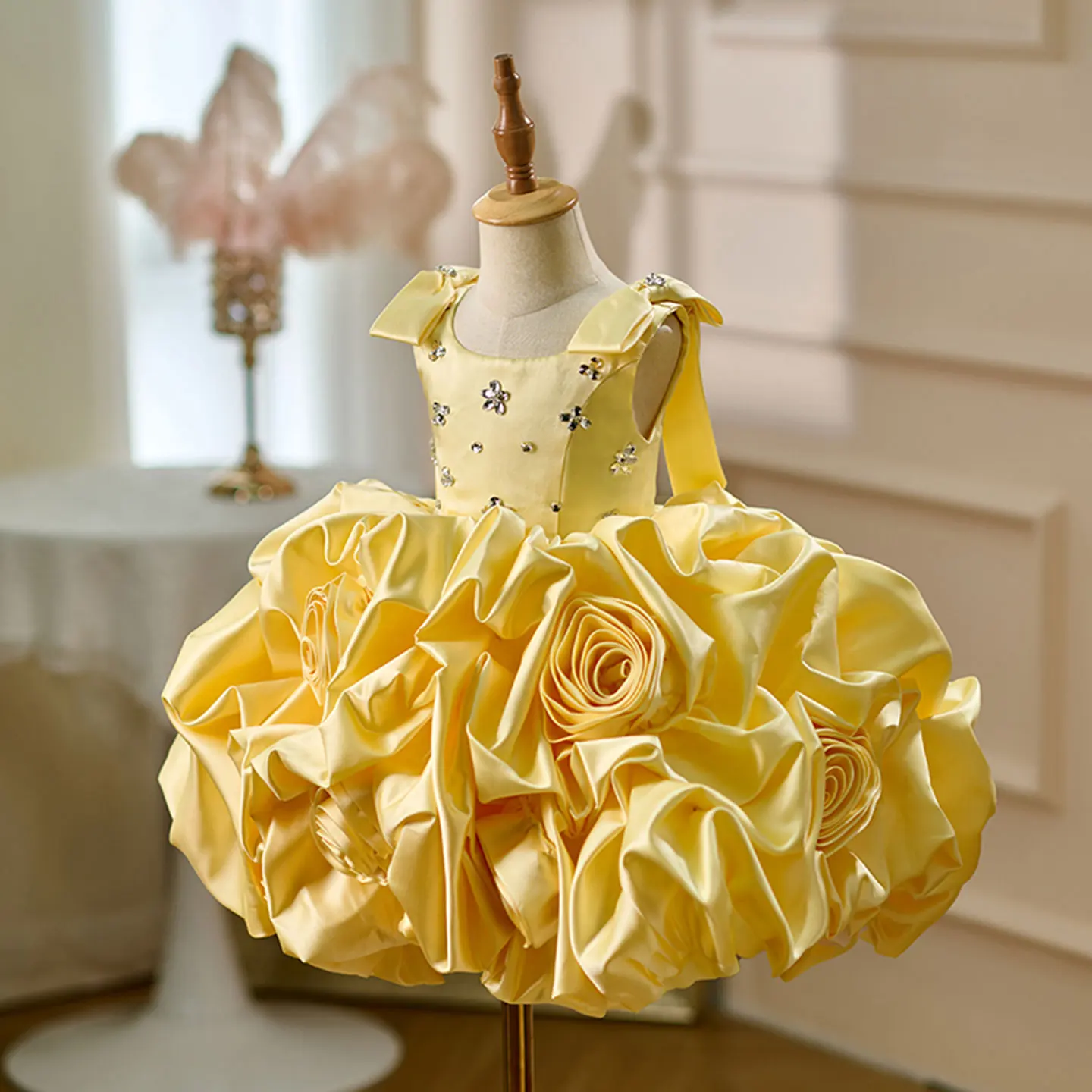 

Jill Wish D151 Yellow Flower Girl Dress Satin Beades Knee Length Princess Kids Wedding 1st Birthday Party Pageant Formal Gown