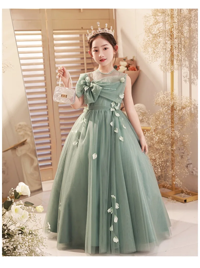 Teenage Girls Dress Green Lace Children\'s Clothing Party Elegant Princess Long Tulle Clothes Kids Sequined Wedding Ceremony Gown