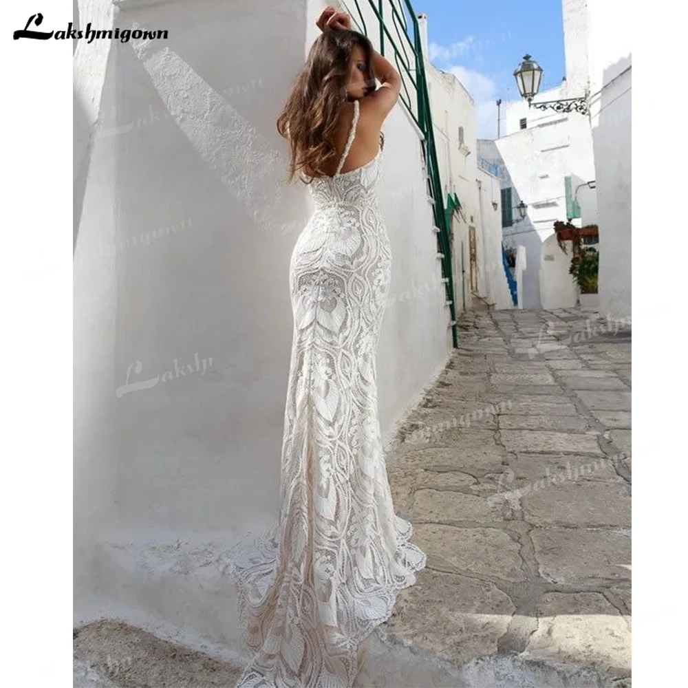 Vestido de novia de sirena Sexy único, elegante Vestido de dama de honor sin mangas, Vestido de novia personalizado, cuello en V, encaje 3D, tul, cola larga