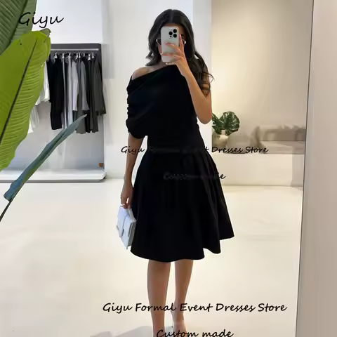 Giyu Black A-line Prom Gown for Women Saudi Arabia One-Shoulder Knee-Length Evening Gown Dress Birthday Party Dress