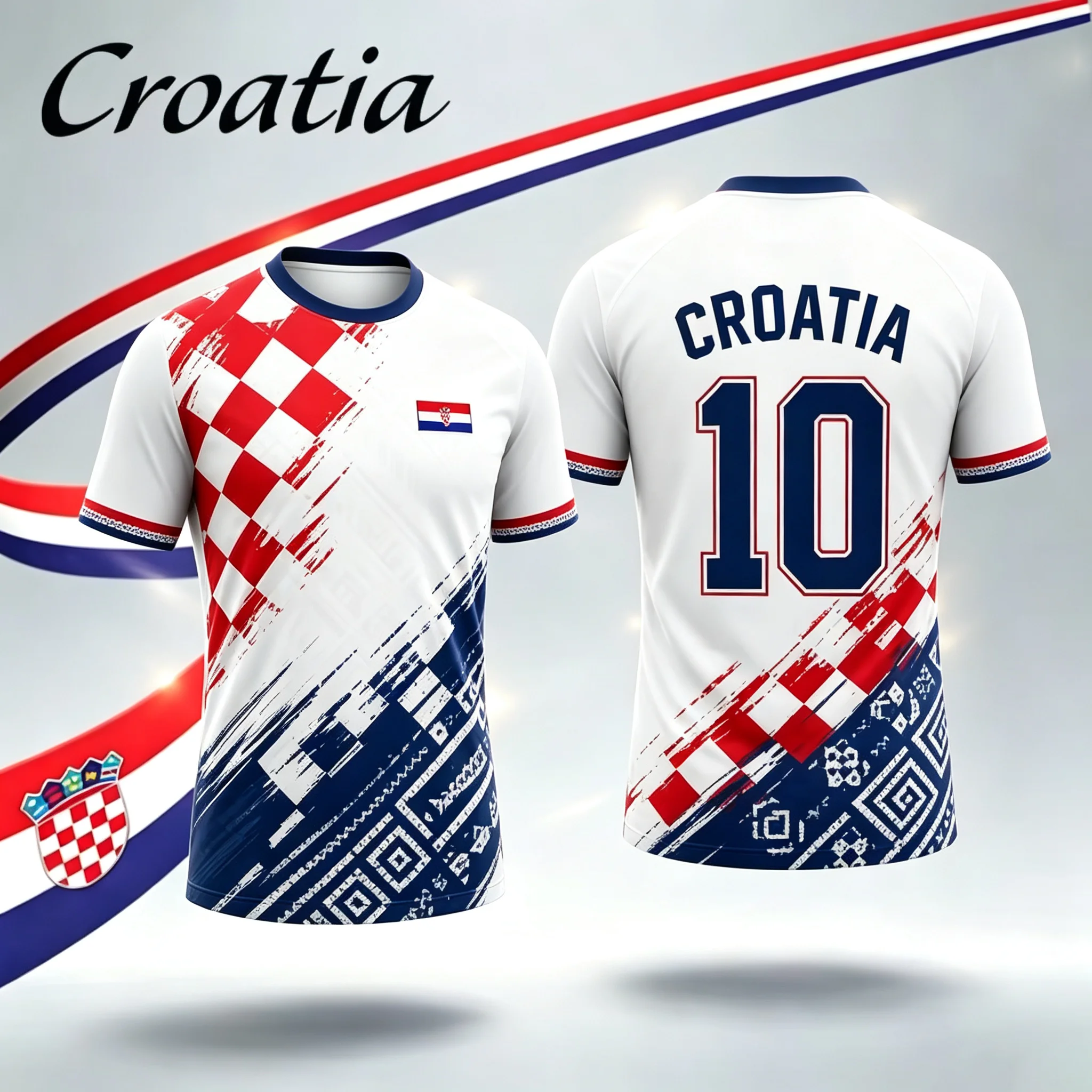Croatia No.10 Fan Football Jersey, Men Quick Dry Breathable Short Sleeve Tee, Red White Checkered Flag Print Sport Supporter Top view 5
