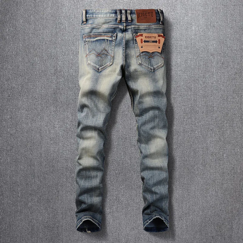 Italian Style Fashion Men Jeans High Quality Retro Blue Stretch Slim Fit Ripped Jeans Men Vintage Designer Denim Pants Hombre