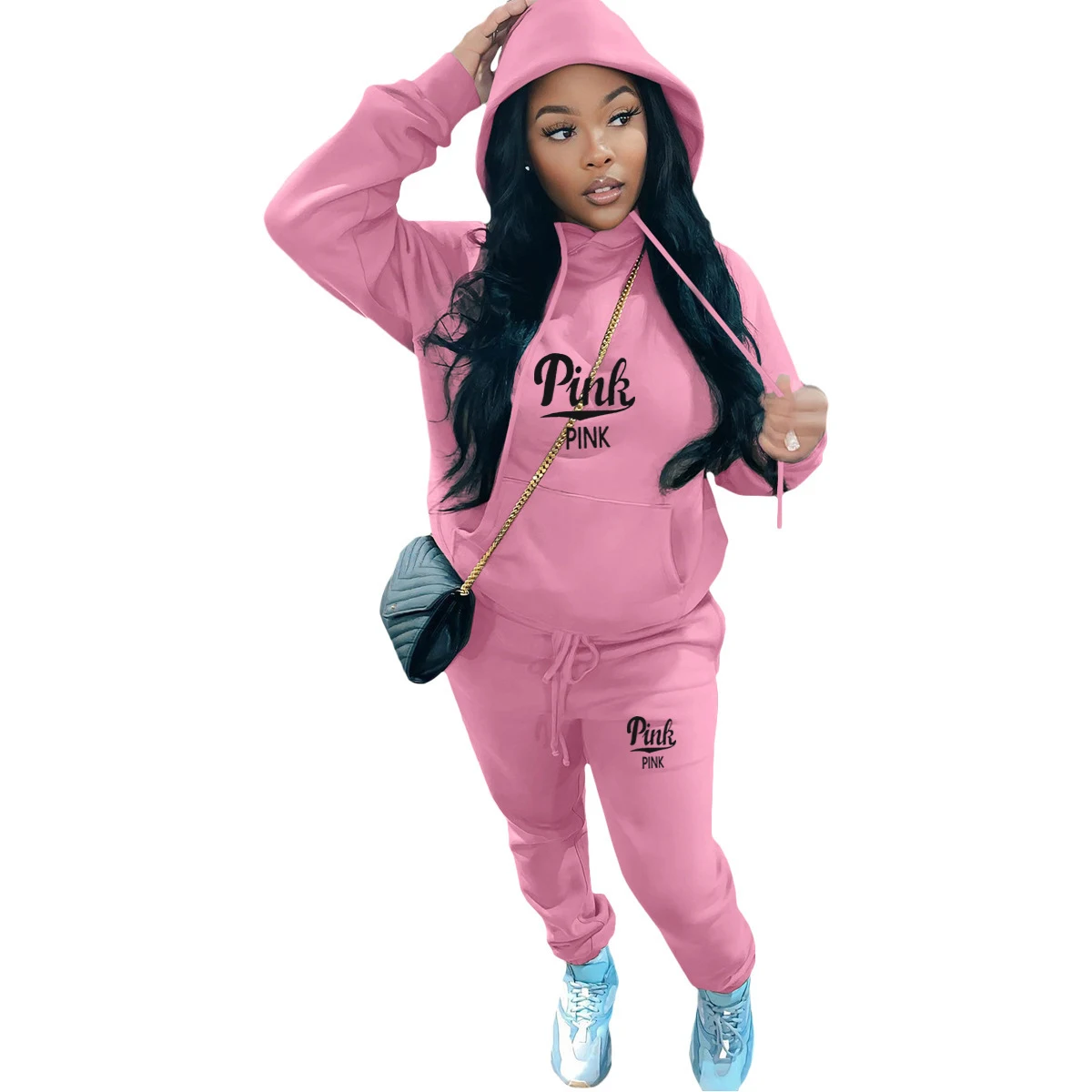 

PINK Sweatshirt Suit Women Winter Tops And Length Sport Pants 2 Piece Sets Tracksuit Thermal Solid With Siamese Cap For Women