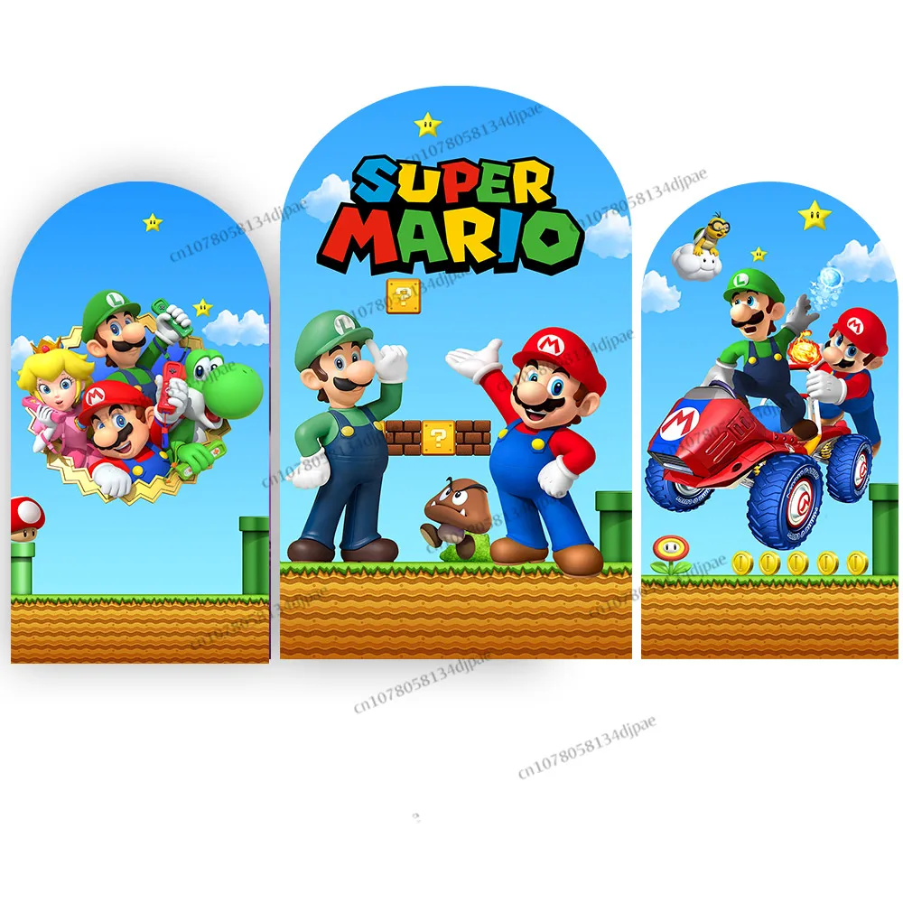 Arch Backdrop Super Mario Birthday Decorations Children Bros Party Background Cover Sky Blue Yellow Baby Shower Banner Props