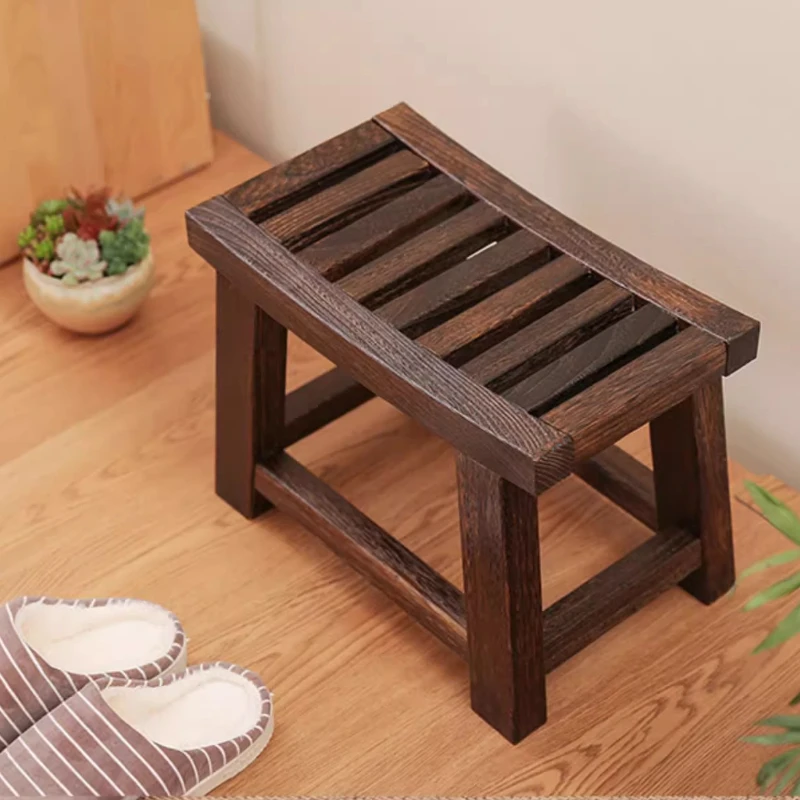 Traditional Solid Wood Stool Handcrafted Low Seat Ottoman for Entryway Vintage Saddle Shoe Bench Compact Living Room Footstool