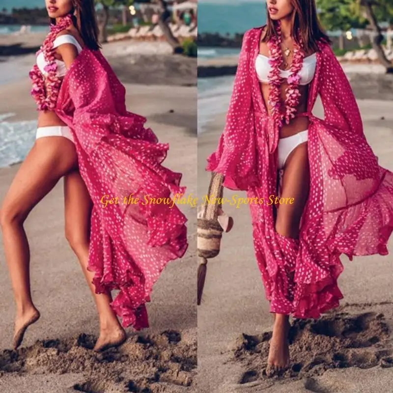 E56D Women Swimsuit Cover Up Sleeve Belted Rose Red Dot Kimono Cardigan