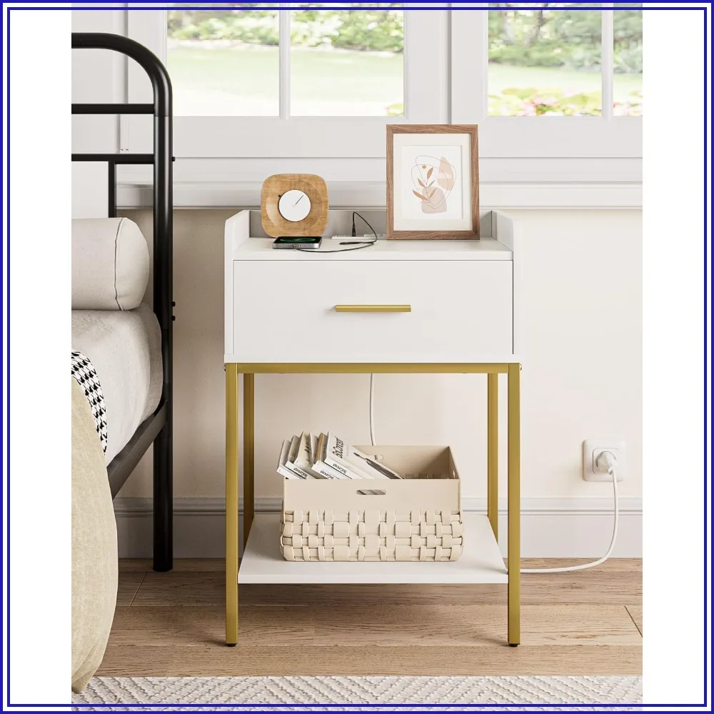 Nightstand with Charging Station, 3-Tier Modern Bedside Table with Drawer and Shelf, Small End Side Table for Bedroom, Living Room, White