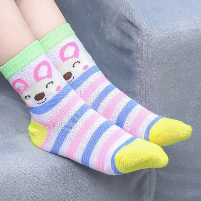 5 Pairs Summer Mesh Children Socks Cute Cartoon Bunny Striped Socks Soft Cotton Breathable Elastic Toddler Girls Mid Tube Socks