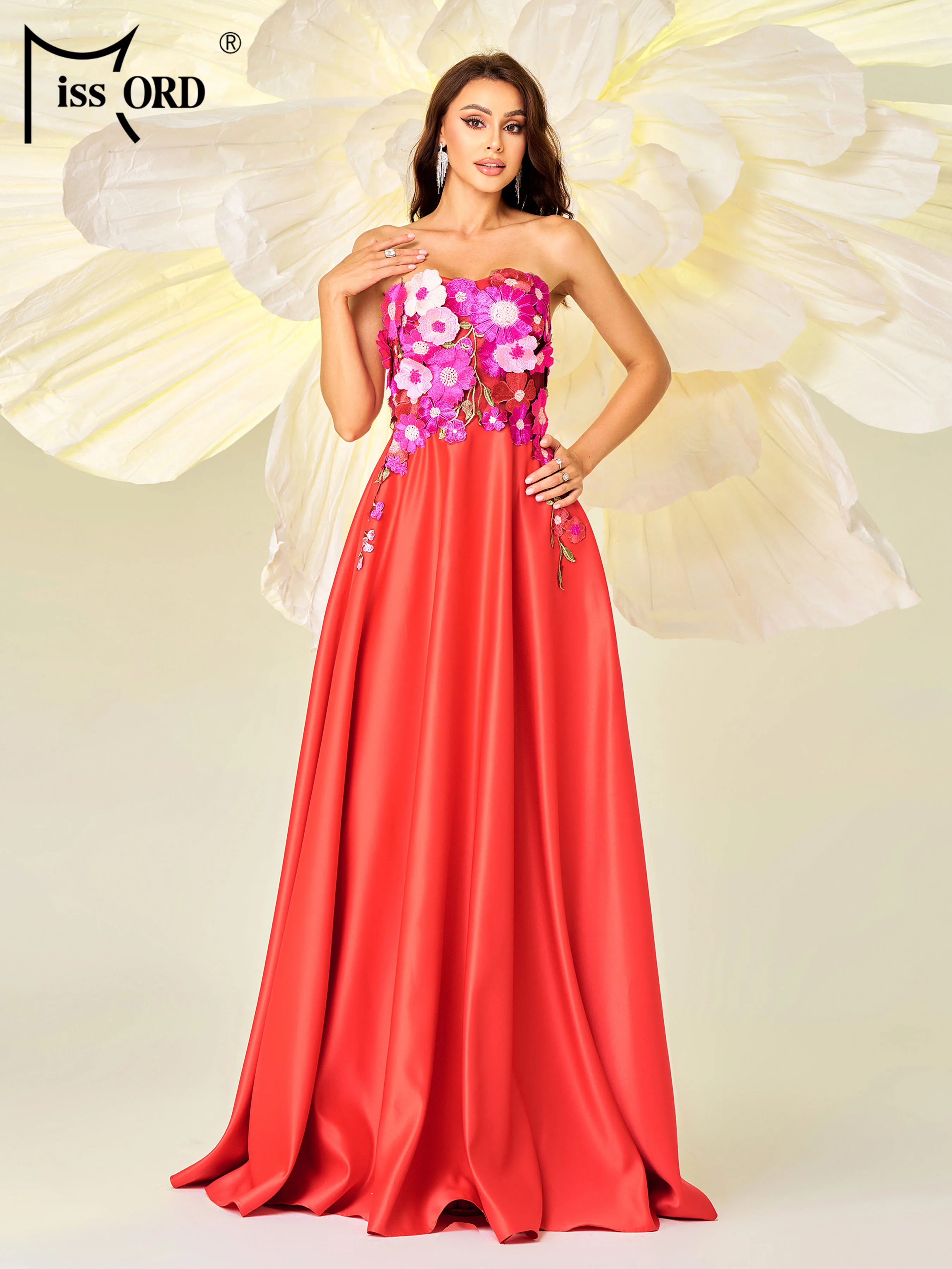 

Missord New Strapless A Line Evening Gown Floral Wedding Birthday Party Cocktail Floor Length Formal Occasion Dresses