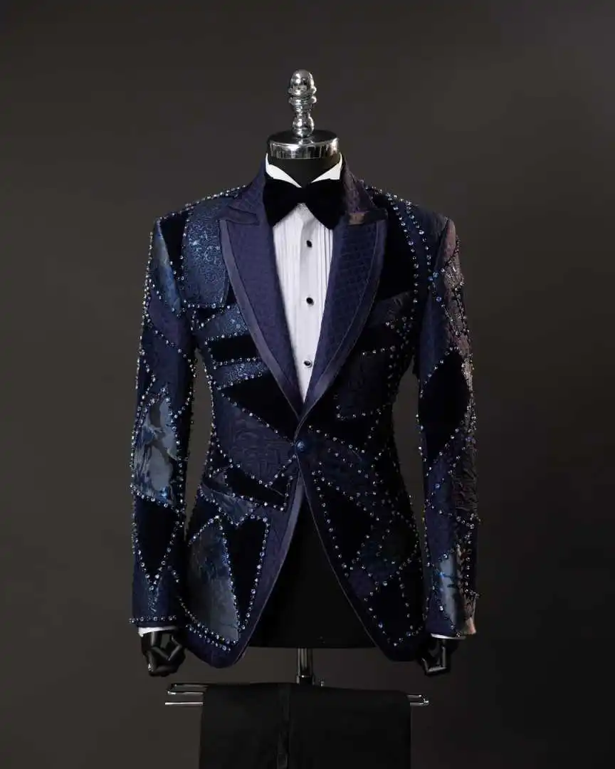Luxurious Men's 2-Piece Suit Patchwork & Rhinestone Formal Set Blazer Pants for Luxury Parties & Formal Events Customized