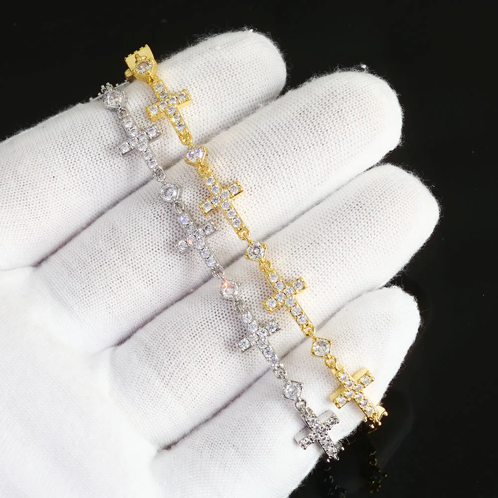 ESKEEM Luxury Gold Plated 5MM Iced Out Chain Bracelet Elastic Clasp Small Cross Design Bling Zircon Stones Fine Jewelry