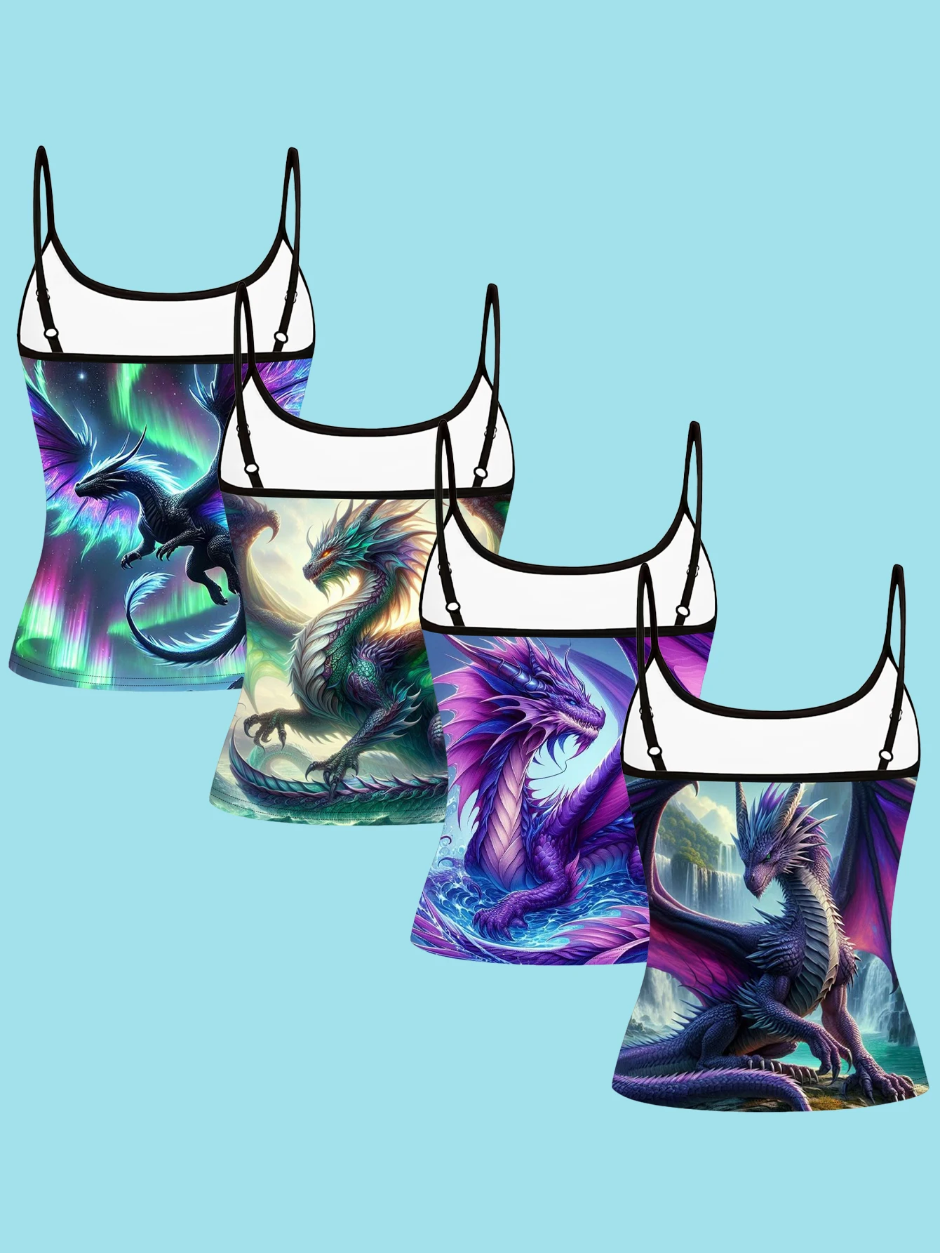 4-Piece Fantasy Oriental Dragon-Themed Suspender Set with Aurora Landscape Dragon Pattern, Slim-Fit Women's Inner Tank Top