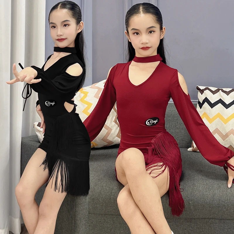

Stage Childrens Latin dance costume set skirt tassel professional grading performance for girls long sleeved competition new