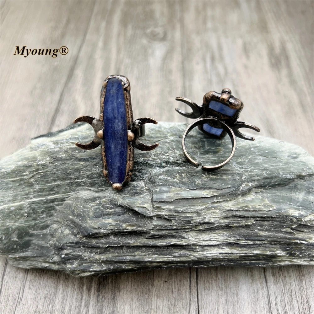 10PCS Bronze Plated Natural Kyanite Adjustable Moon Rings For Women Bohemia Jewelry MY230449