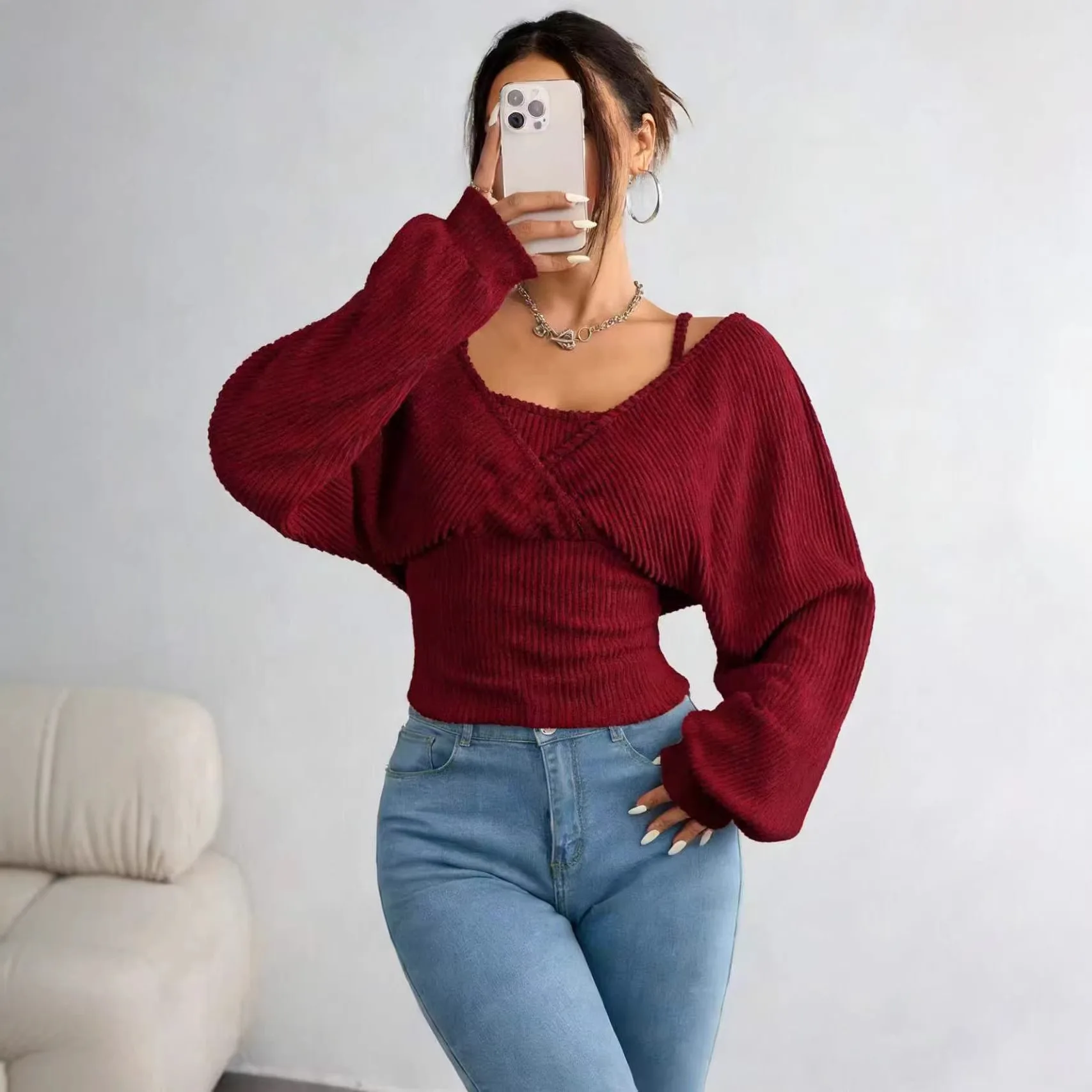 

Женский вязаный пуловер с длинным рукавом, имитация двухслойности, повседневная одежда, 2026