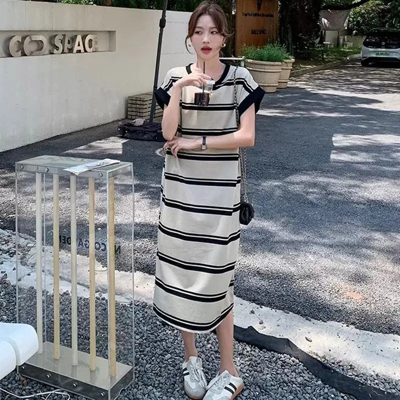 夏アイスシルクストライプオーバーニー半袖ドレス脂肪MM特大サイズ300斤ルーズスリムTシャツロングスカート