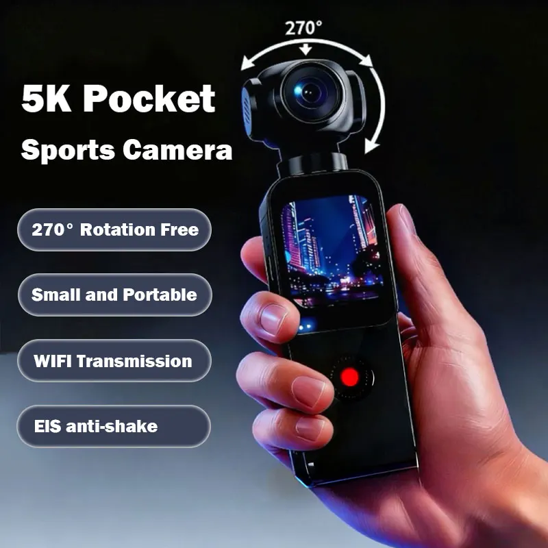 5K HD Pocket Action Camera 1.69-inch LCD Display Screen 270° Rotatable Wifi Vlog Recorder with ELS Anti-Shake for Bicycle Travel