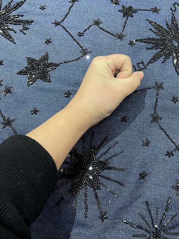 

Niche Designer Tailor Laqian Casual Denim Fabric Indigo Tooling Starry Embroidered Leisure Cotton Beaded Embroidery