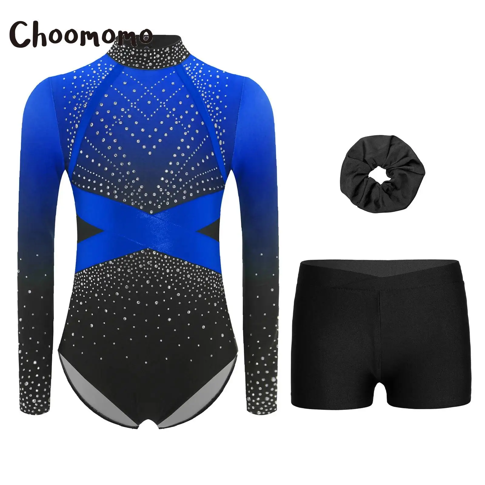 

Teen Girls Long Sleeve Ballet Dance Outfit Rhinestone Gymnastic Leotard Jumpsuit with Shorts Hairband Skating Yoga Unitard Suits