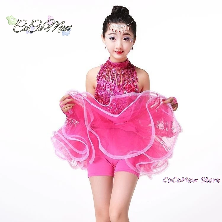 Children's Latin Dance Costumes Children's Latin Skirt Sequins Performing Competition Costume Girls Salsa Dancing Tassel Dress