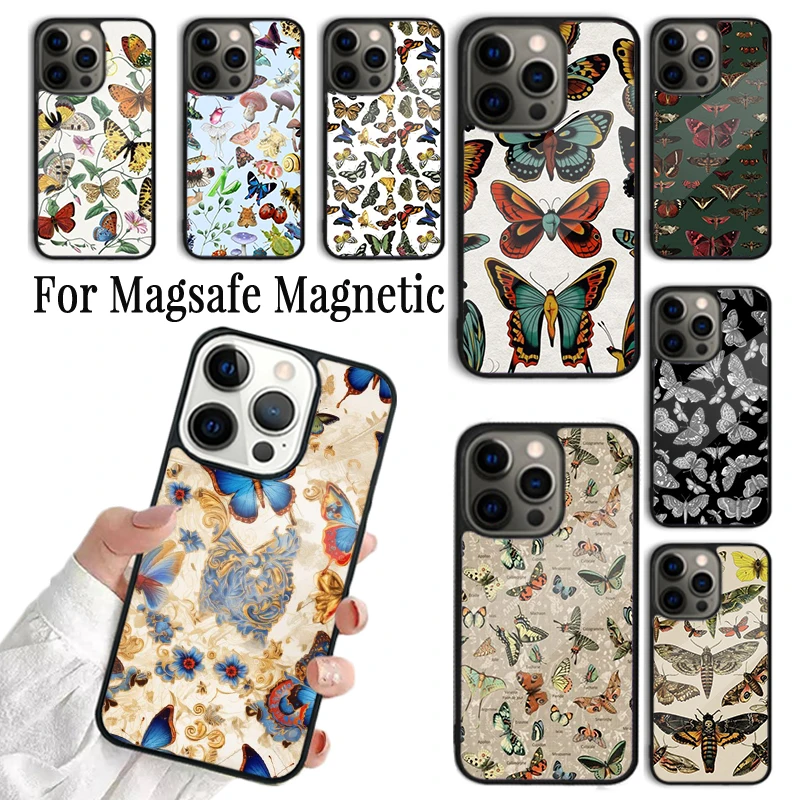 Phone Case For iPhone 16 15 14 13 12 11 Pro Max Plus Magsafe Magnetic Wireless Cover Moths insects botanical butterflies