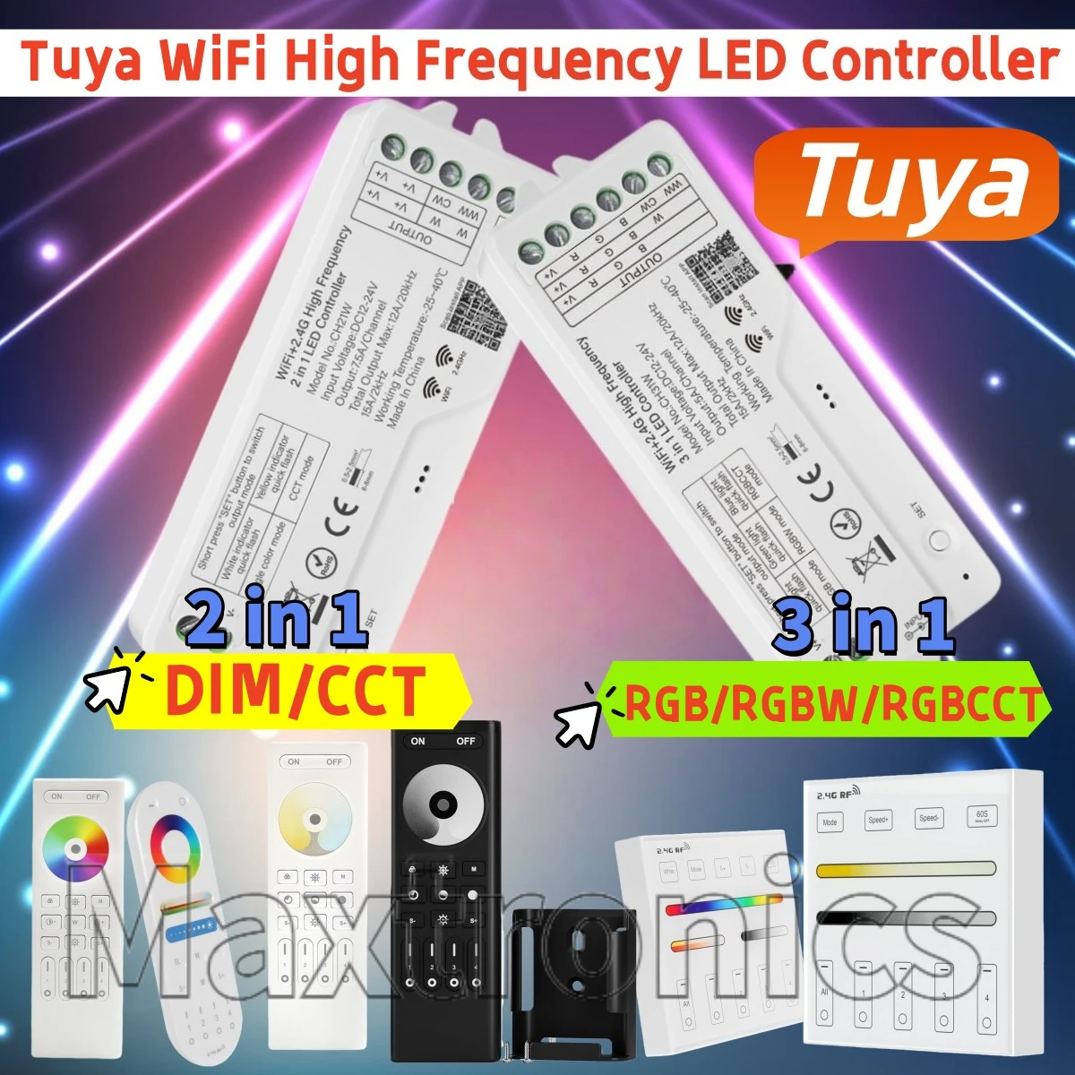 

Контроллер LED-лент Tuya WiFi 2/3-в-1 с высокочастотным радиоуправлением 2.4G, голосовое управление через Alexa и Google Home, модели CH21W/CH31W для светодиодных лент