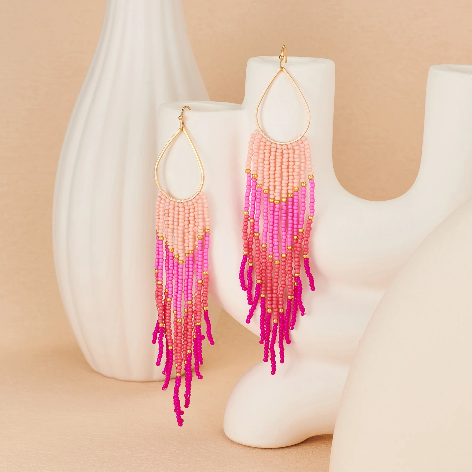 Bohemian Beaded Tassel Earrings, Water Drop Color Gradient Earrings, Seed Beads Handmade Decorative Party Girls Holiday Party