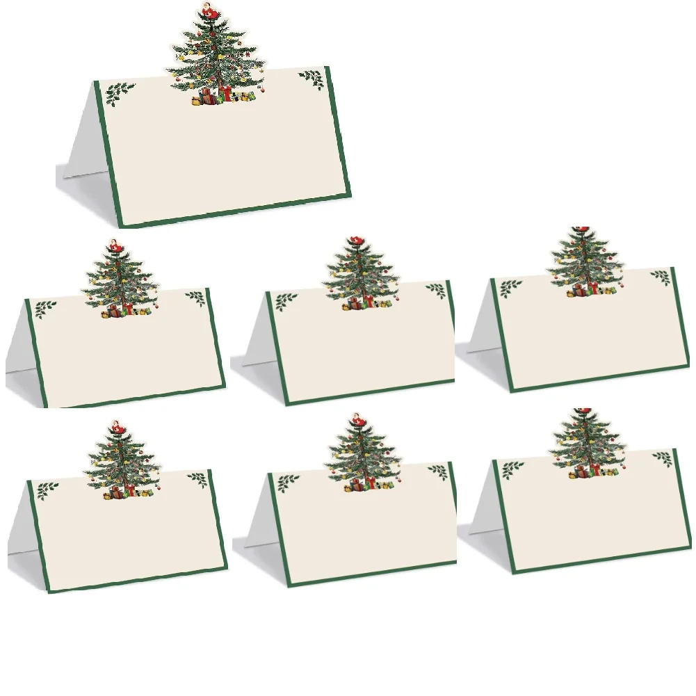 50PCS Vintage 3D Christmas Tree Foldable Place Cards Green Cardstock Handwritten Name Tags For Holiday Party Table Decoration