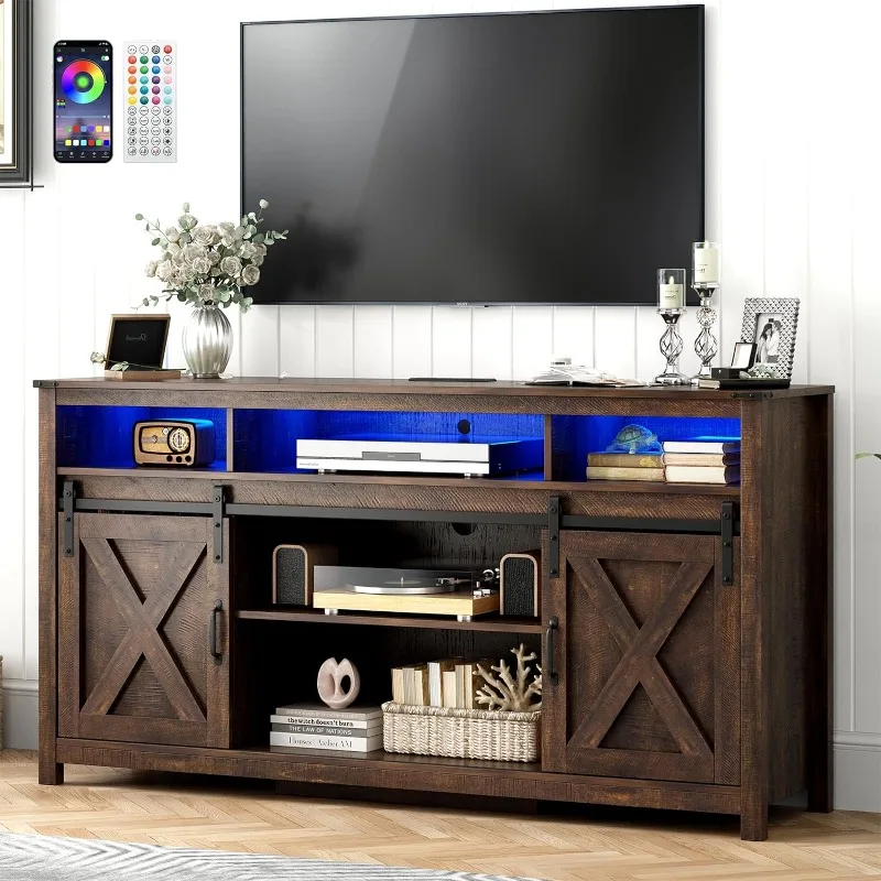 61.5in Boerderij Led Tv Stand Voor 65/70Inch Tv, Moderne Tv Staat Voor Woonkamer Met Rgb Led, Tv Entertainment Centrum