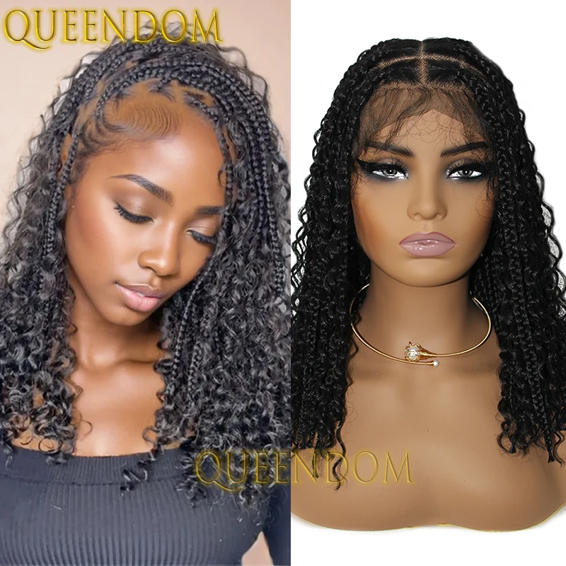 Wig kepang Bohemia sintetis 12 inci Wig Dreadlock kotak Bob pendek Wig kepang penuh renda UNTUK WANITA tanpa simpul Wig kepang Crochet Cornrow