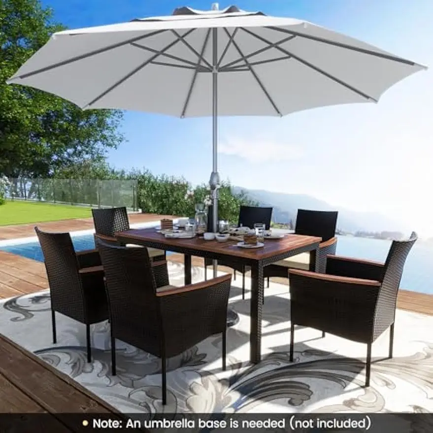 Juego de comedor de ratán PE para Patio, muebles de exterior para 6 con sillas y mesa de madera de Acacia, agujero para sombrilla de 1,96 ', 7 piezas