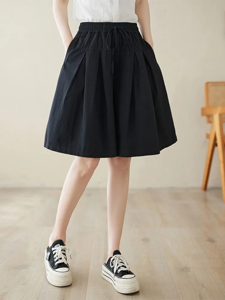 편안한 단색 플리츠 와이드 레그 팬츠 여성 여름 캐주얼 루즈핏 5부 길이 한국 스타일 출퇴근용