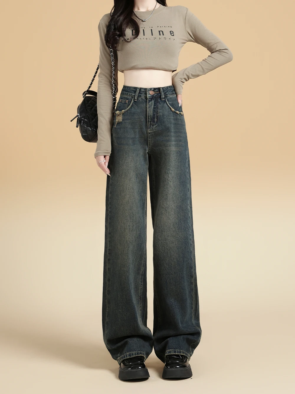 Vaqueros de pierna ancha para mujer, Vaqueros de cintura alta con botones Vintage de otoño, Vaqueros holgados de moda informales simples básicos