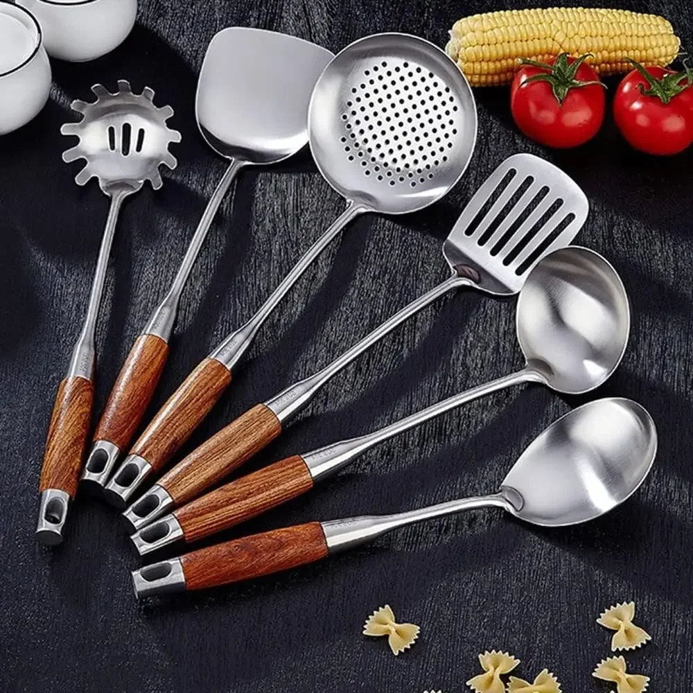 7-pcs Kitchen Utensils Set with Holder - Stainless Steel Cooking Utensils Set with Wooden Handle - Kitchen Gadgets & Kitchen Too