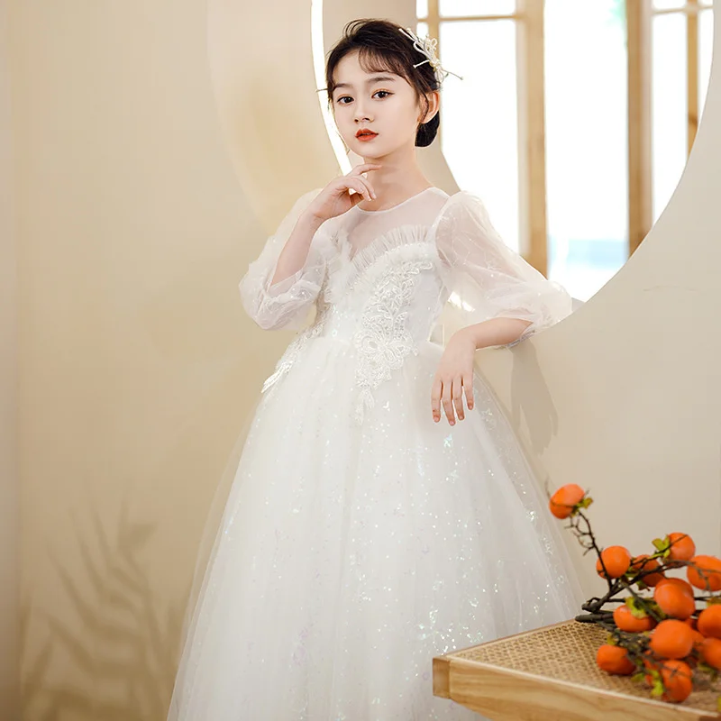 Girls' princess dress foreign style fluffy yarn piano performance dress children's high-end host evening dress catwalk dress