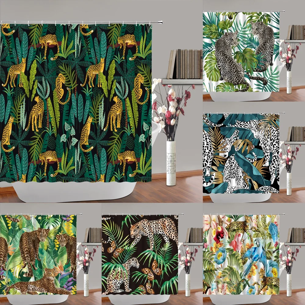 

Jungle Animal Exotic Leopard Shower Curtain Tropical Forest Green Palm Leaf Flower Wildlife Waterproof Fabric Bathroom Curtains