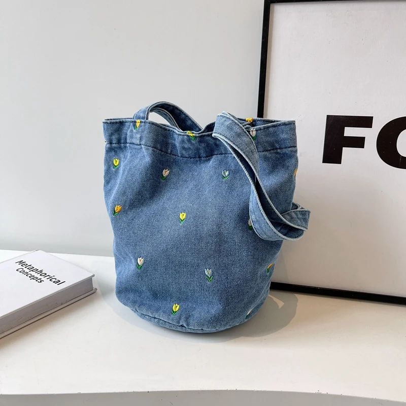 1 piece pure color denim large capacity tote bag fashion one shoulder women\'s bag can hold ipad