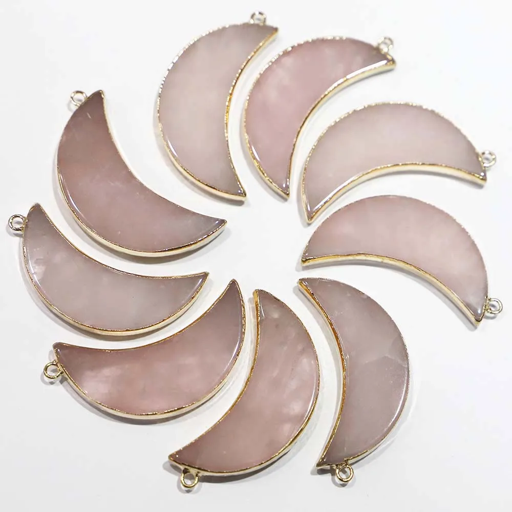 Natural Stone Multi-color Moon Pendant Gold-edged Crescent Charm Necklace DIY Fashion Creative Jewelry Making Wholesale 5Pcs/Lot