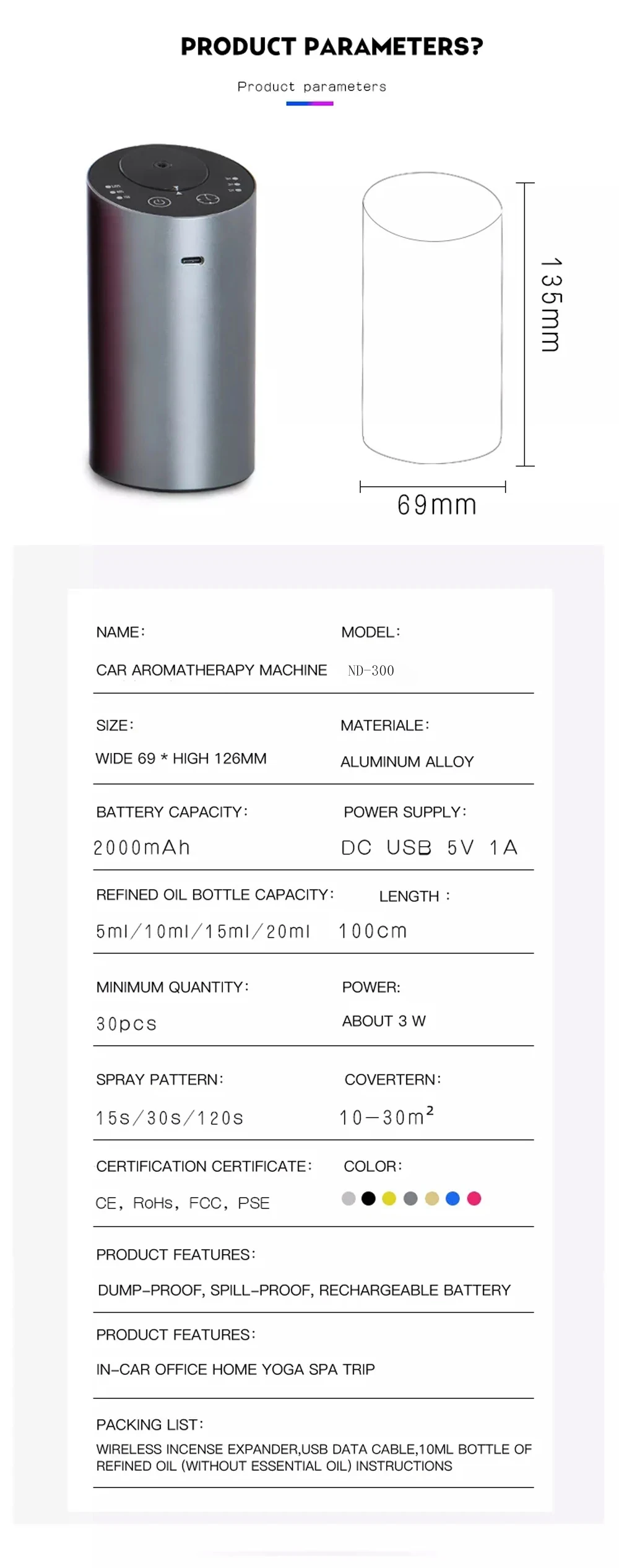 Kabelloser Auto-Aroma-Diffusor mit 20 ml leerer Flasche für ätherische Öle, wiederaufladbarer Duftdiffusor, elektrischer Geruch für Zuhause und Schlafzimmer – Detail 12