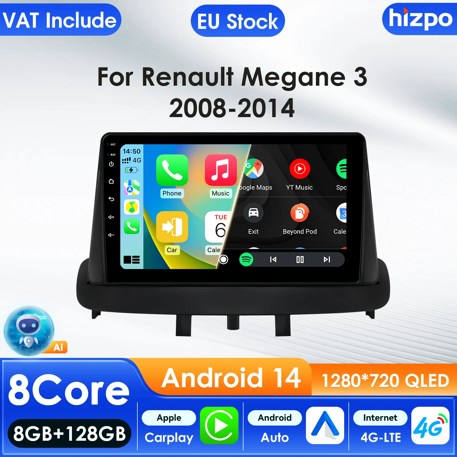 Hizpo 9'Carplay 4G AI Systeme Autoradio für Renault Megane 3 Fluence Samsung SM3 2008-2014 Multimedia Video Player GPS Autoradio
