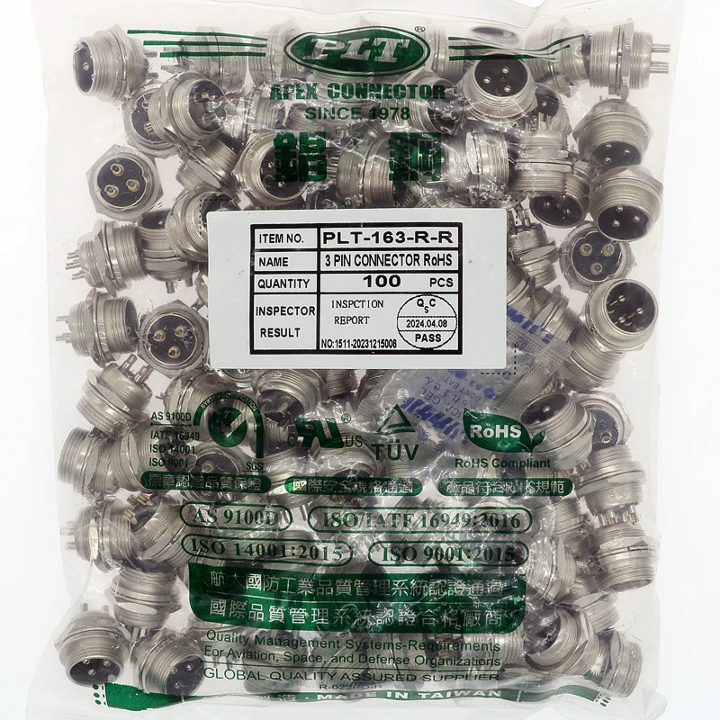 PLT-163-LP-R PLT-163-R-R PAT:182174 APEX Made inTAIWAN 3pin 90°curved Circular Aviation Socket Plug Panel Connector UL RoHS TUV