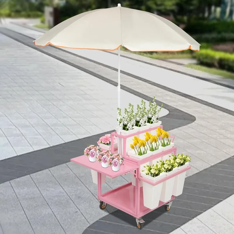 Wagen-Pflanzenständer, rollendes Blumen-Präsentationsregal aus Metall mit 18 Eimern und Sonnenschirmen, mehrere Blumentopfhalter-Regal für H