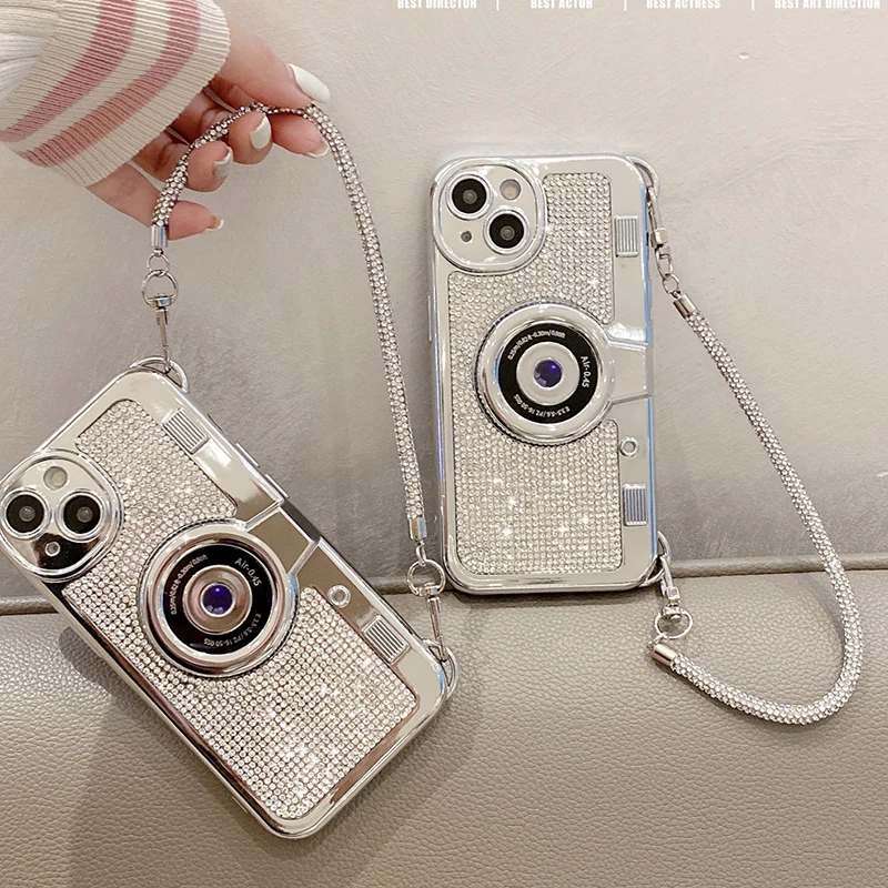 

3D Camera Design Full Glitter Diamond Wrist Strap Case For iPhone 15 Pro Max 14 13 11 12 16 Plus Plating Silver Hand Chain Cover