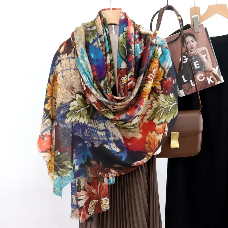 Winsleter-Women 100%Wool Elegant Long Scarf, 200*100CM Peony, Mom Gift Vintage Temperament Scarves, 2025 Winter New A5D124CC