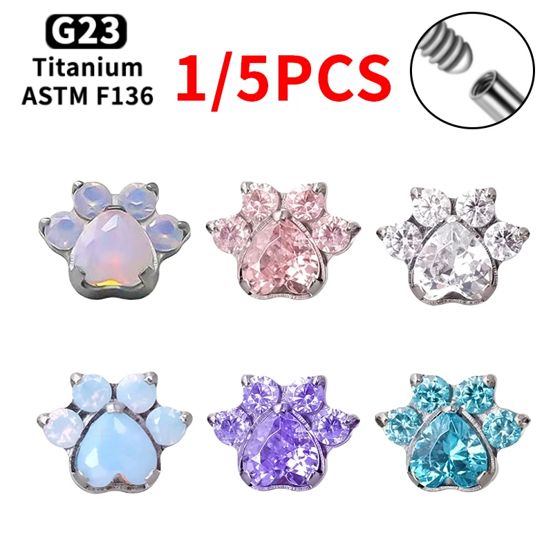 

1/5PCS G23 Titanium Lip Piercing 16G Heart Zircon Cat Paw Print Labret Tragus Helix Cartilage Earrings Nose Piercing Jewelry