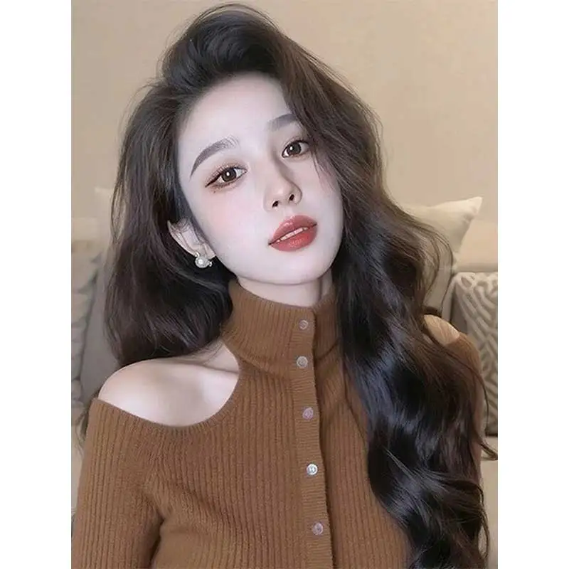 

Женская одежда, осенне-зимний модный простой однотонный вязаный женский универсальный модный свитер с открытыми плечами, пуловеры